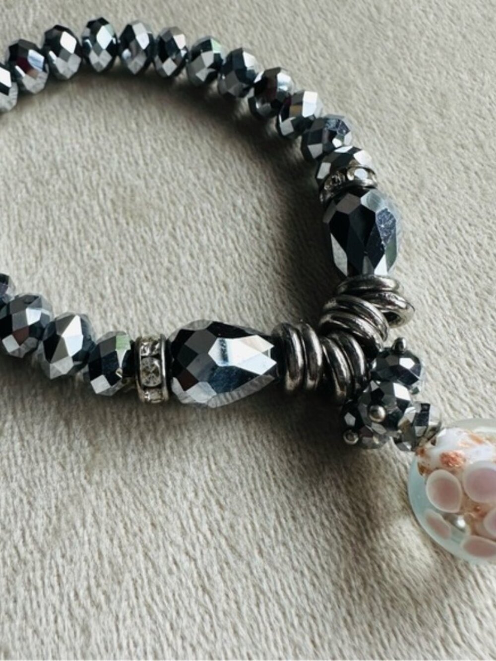 Silver Faceted Beaded Stretch Bracelet with Glass Charm | Boho Statement